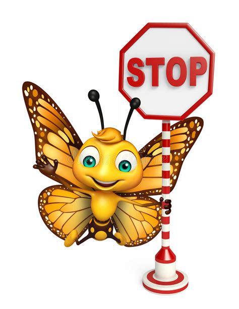 Fun Butterfly Cartoon Character With Stop Sign Stock