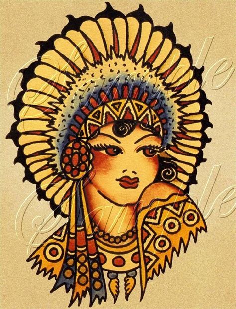 Vintage Tattoo Flash Sexy Pin Up Indian Girl Head Dress Feathers Canvas Art Sexy Feathers And