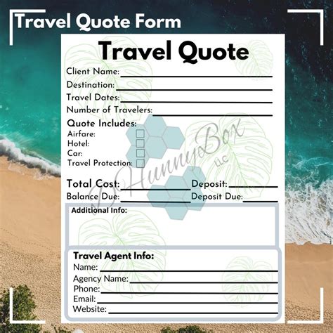 Travel Quote Form Printable Fillable Form Etsy