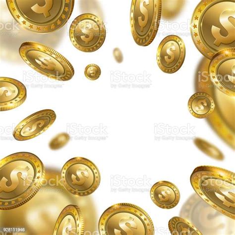 Fortune Realistic 3d Gold Dollar Coins Flying On White Background Stock