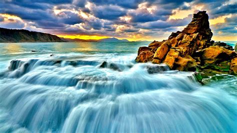 Wallpaper Sea Surf Sunset Waterfall 1920x1080 Coolwallpapers