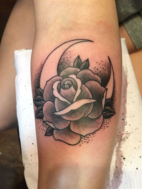 Moon And Rose Traditional Tattoo Black And Grey Tattoo