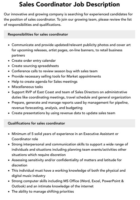 Sales Coordinator Job Description Velvet Jobs