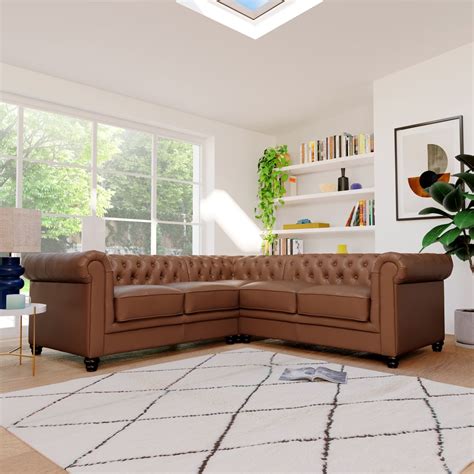 Hampton Chesterfield Corner Sofa Tan Classic Faux Leather Only £1499