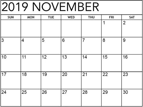 Blank Free Printable November 2019 Calendar Page