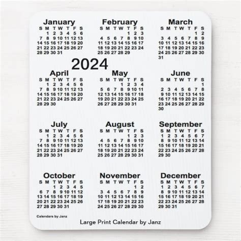 2024 White Large Print Calendar By Janz Mouse Pad Zazzle 2024