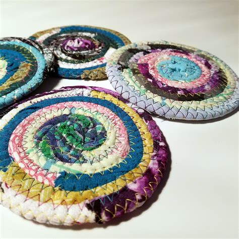 Fabric Coasters Multicolors, Set of 4 Handmade, Hippie, Unique Cloth Drink Coasters, Boho 