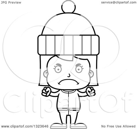 Outline Clipart Of A Cartoon Black And White Mad Girl In Winter Clothes