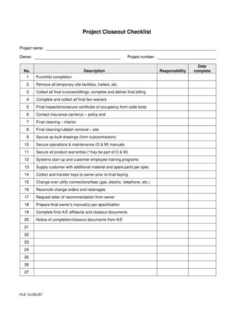 Project Closeout Checklist Pdf Fill Online Printable Fillable