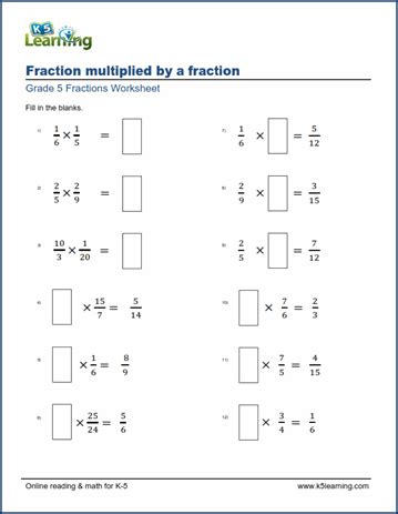 Compare two fractions with unlike denominators by tell students that they will replay the game later but first they need to learn a lot about fractions that. Grade 5 Math Worksheets: Multiplying fractions (missing ...