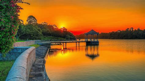 Sunset Orange Sky Lake Park Wooden Platform Summer Garden