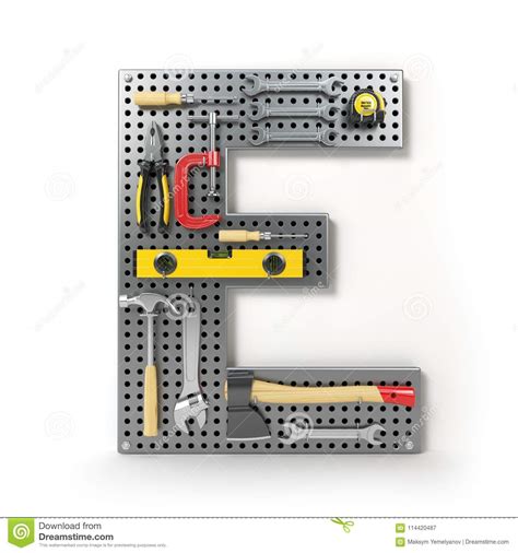 Letter E Alphabet From The Tools On The Metal Pegboard Isolated Stock