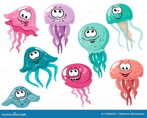 Set Of Cute Funny Jellyfish In Cartoon Style Sea Theme Vector