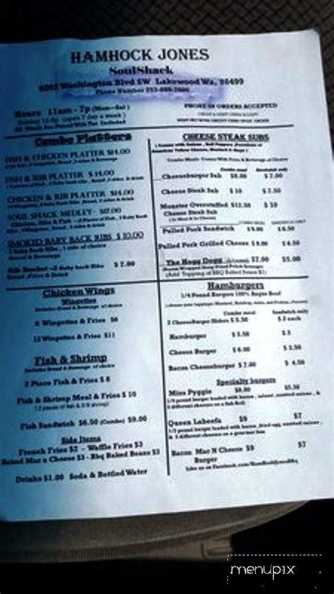 Click here if it reopened. Menu of Hamhock Jones Soul Shack in Lakewood, WA 98498