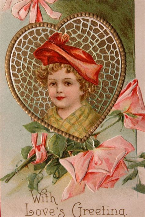 Valentines Day Post Card Embossed Child W Roses Vintage Valentine