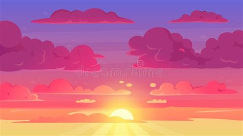 Cartoon Sunset Sky Gradient Violet And Yellow Sky Clouds Landscape