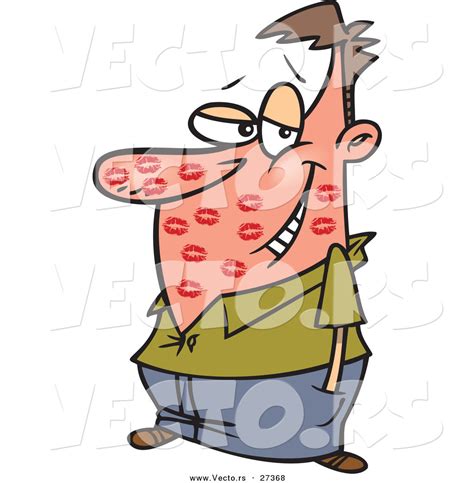 Vector Of A Blushing Cartoon Man Covered With Lipstick Kisses All Over