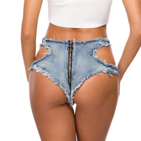 Amazing Sexy Shorts Women Summer Sexy Zipper Back Ultra Low Waist Denim Shorts Hollow Out Ripped