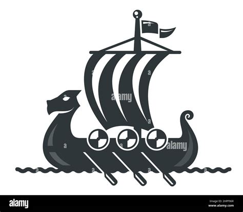 Black Viking Ship Icon With Sail And Oars Flat Vector Illustration
