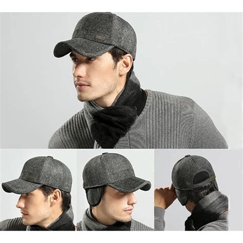 Mens Winter Wool Woolen Tweed Peaked Earflap Baseball Cap A Grey