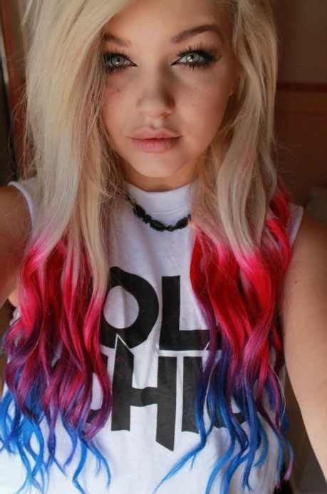 Blonde Hair With Red And Blue Dip Dyed Ends Hair