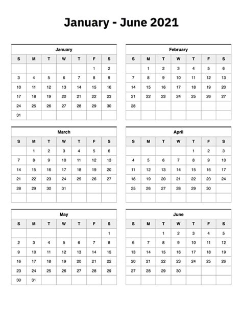 January To June 2021 Calendar A Printable Calendar