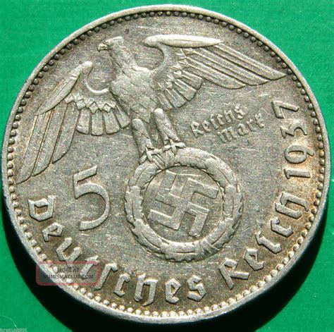 Maybe you would like to learn more about one of these? German Silver Coin 5 Rm 1937 J Nazi Coin. 900 Silver Big Swastika