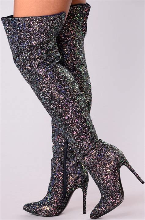 Just Add Glitter Over The Knee Boot Black Sexy Thigh High Boots Glitter Boots Over The