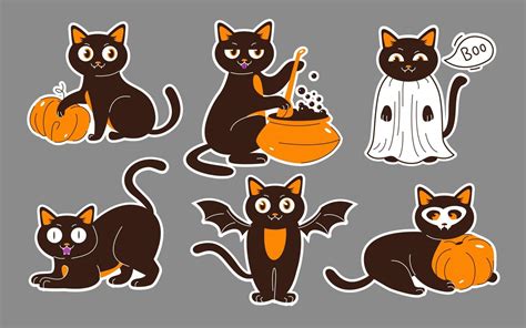 Halloween Cats Stickers Black Cats With A Pumpkin In Costumes And