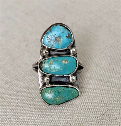 50s Navajo Turquoise Ring Triple Three Multi Stone Vintage Native