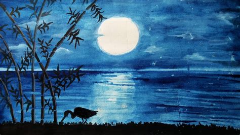 How To Draw Scenery Of Moonlight Nightstep By Stepeasy Draw Youtube