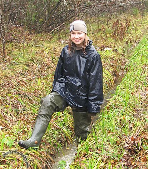 Our best top 20 wet girls in waders and chest waders scenes. Rain jacket and waders - Women's shiny nylon sportswear ...