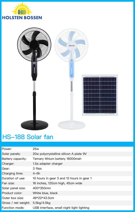Hs188 Solar Standing Fans Electric Air Cooling 3 Speeds 16 Inch 15w