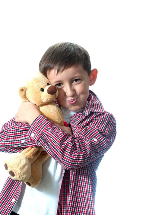 Happy Young Boy With Teddy Bear Stock Photo Image Of Positive
