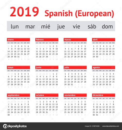 Calendario 2019 España Calendario Español Europeo Stock Vector By ©new