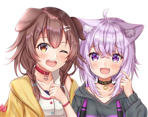 2girls Animal Ears Blush Braids Brown Hair Catgirl Cat Smile Collar Dog