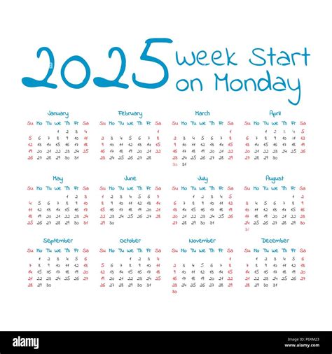 Simple 2025 Year Calendar Week Starts On Monday Stock Vector Image