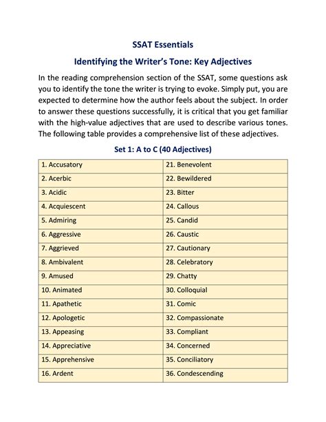 Ssat Essentials Key Adjectives For Describing The Writers Tone Ssat