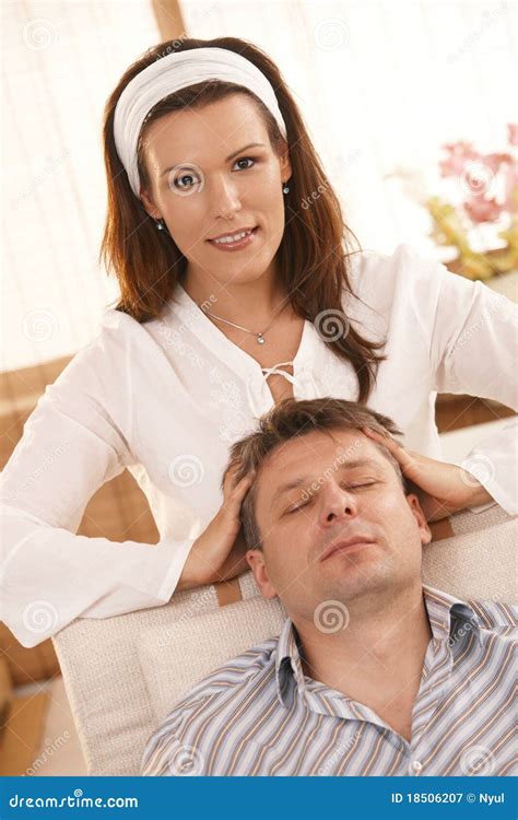 Attractive Woman Giving Head Massage To Man Stock Image Image Of Cosy Contact 18506207