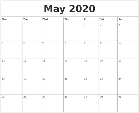 May 2020 Calendar