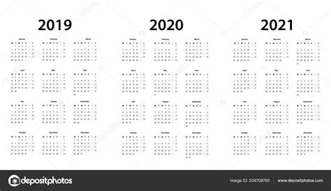 Plantilla Calendario Simple Para 2019 2020 2021 Vector Gráfico Vectorial © Hanohiki Imagen
