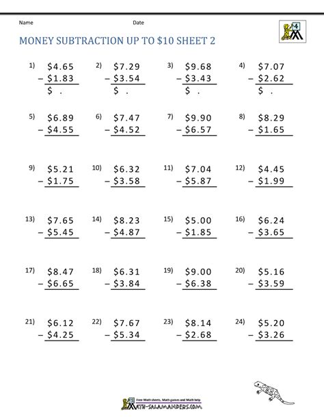Adding And Subtracting Money Worksheets 3rd Grade Grade 6 Subtraction