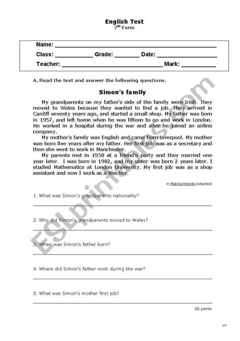 Use these printable worksheets to improve reading comprehension. English test - 7th grade - ESL worksheet by gloriasmartins