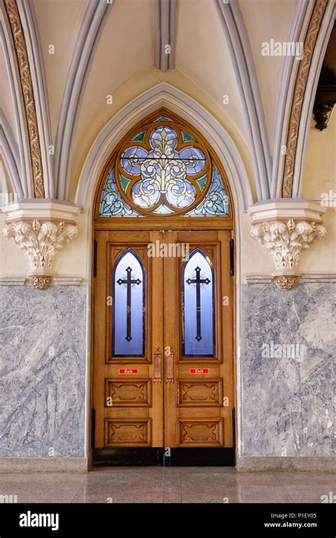 Church Interior Door Made Of Highly Decorated Oak And Stained Glass