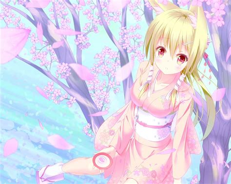 Falling Petals Nekomimi Blond Kitsune Neko Sakura Blossom Floral