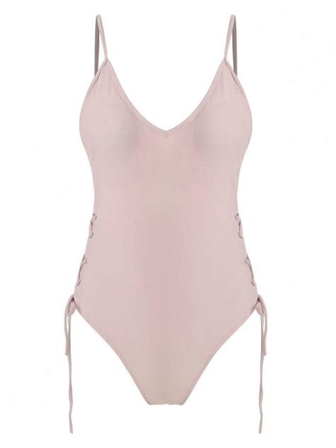 Off Lace Up One Piece Swimsuit In Pink Zaful