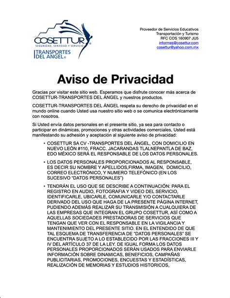 Aviso De Privacidad Página Web De Cosettur1