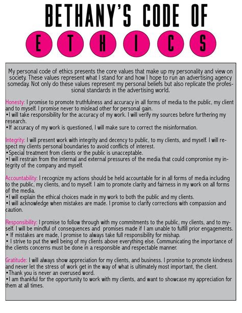 An excellent example of a code of ethics relating to a profession is the american bar association model rules of professional conduct. Personal Code of Ethics by Bethany Dotson - Issuu