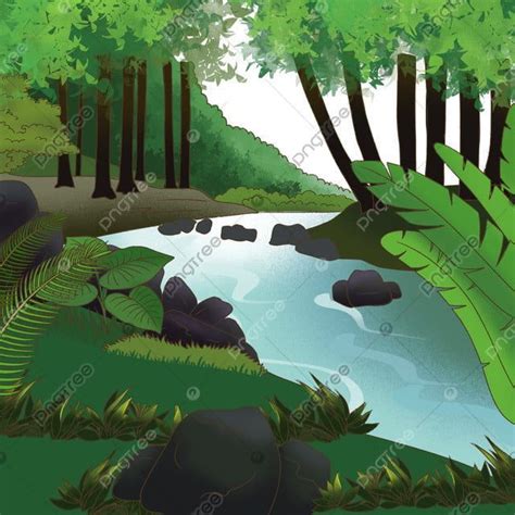 Kartun Air Sungai Kecil Hutan Hutan Sungai Air Hijau Daun Batu Kartun