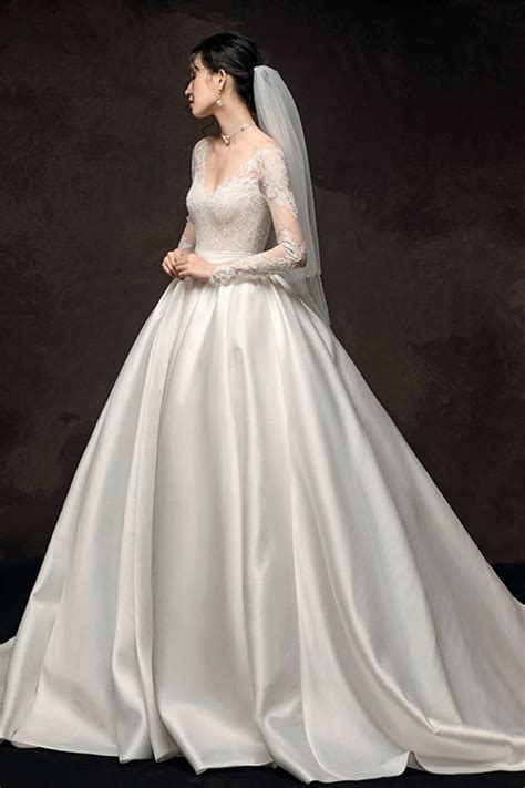 Long Sleeve Corset Back Lace Bodice Satin Skirt Ball Gown Wedding Dress